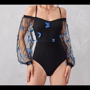 SHEIN 3D Butterfly Applique Lantern Sleeve Mesh Overlay Bodysuit (never worn)